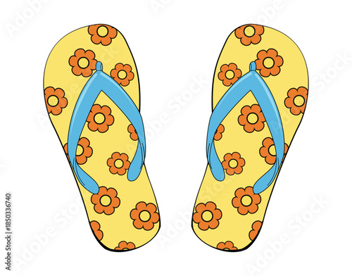Pair of yellow flip flops with orange flowers and blue straps on gray background