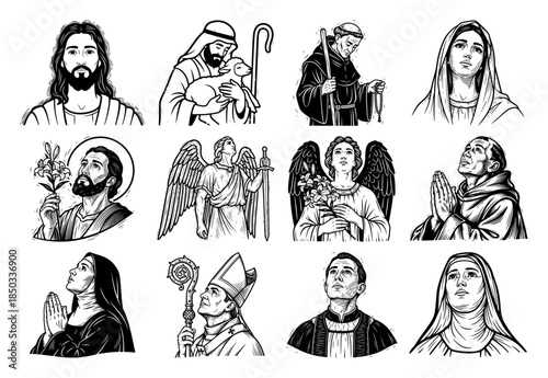 Christian saints and religious figures vector icon set with Jesus Christ Virgin Mary angel and pope