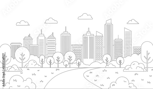a detailed line art illustration depicts a modern city skyline with prominent skyscrapers lush green trees and a winding path in the foreground