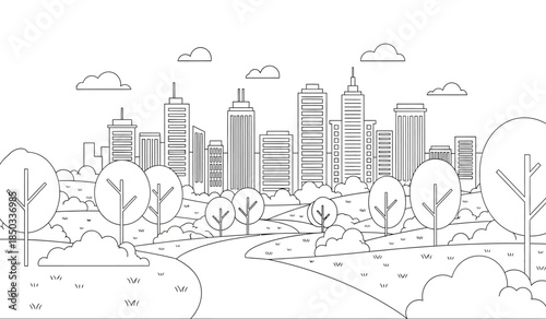 a minimalist line drawing depicts a cityscape with tall buildings trees in the foreground and a winding path creating a calm urban landscape