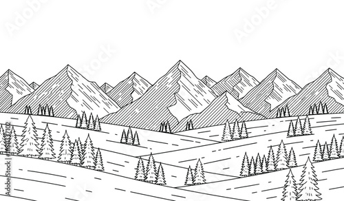a detailed black and white illustration depicts a mountainous landscape with coniferous trees snowy hills and textured shading creating a serene winter scene