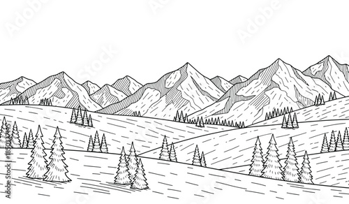 a detailed black and white sketch showcases a majestic mountain range with lush evergreen trees and rolling hills creating a serene landscape