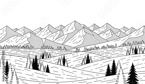 a detailed black and white illustration depicts a mountainous landscape with layered peaks evergreen trees and rolling hills stretching into the distance