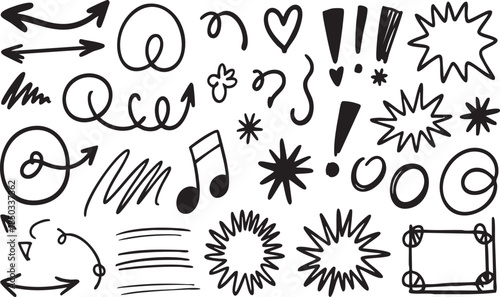 Hand drawn doodle elements including arrow, heart, star, swirl, highlight, and sketch underline. decorative design set for infographics, social media, note taking, and creative projects
