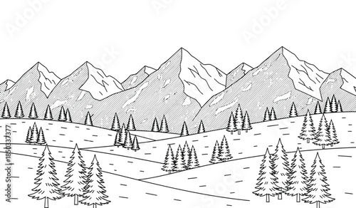 a detailed line drawing depicts a mountainous landscape with snow covered peaks and evergreen trees dotting the hillsides below creating a serene scene