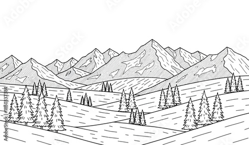 a detailed black and white drawing showcases a majestic mountain range with forested foothills and rolling hillsides creating a peaceful landscape high quality