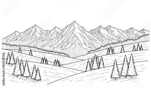 a detailed black and white sketch depicts a majestic mountain range with snow capped peaks rolling hills and scattered evergreen trees in a serene landscape