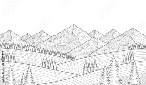 a detailed black and white illustration depicting a serene mountain range with coniferous trees and rolling hills in the foreground high quality professional