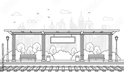 a detailed line drawing depicts an empty bus stop shelter positioned in front of a sprawling cityscape with trees and birds high quality