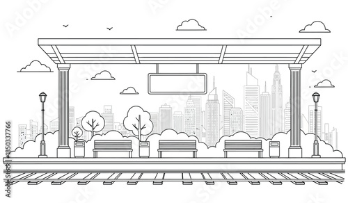 a detailed black and white line drawing depicts a train station platform with a cityscape backdrop including trees and benches high quality professional