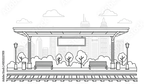 a detailed line drawing showcases a city bus stop with a rectangular shelter benches trees and a skyline backdrop of buildings high quality