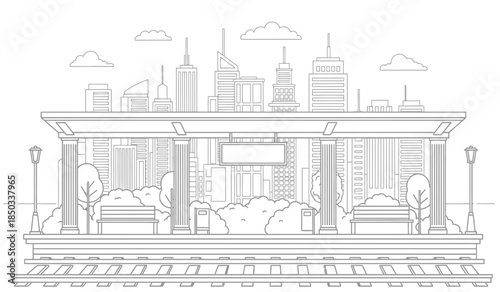 a detailed black and white illustration depicts a classic bus stop structure set against a sprawling urban skyline showing trees and benches