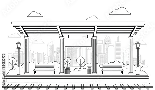 a detailed black and white line art illustration depicts a bus stop structure with columns benches and a cityscape backdrop under cloudy skies