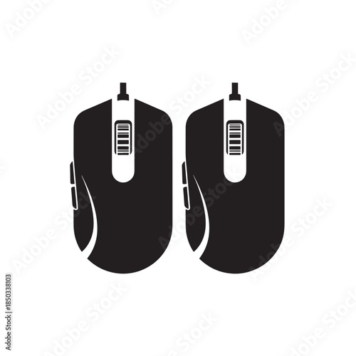 Computer Mouse Pair in Minimalist Design with Black and White Color Scheme on Isolated White Background for Tech Icon