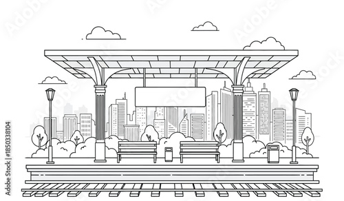 an outlined illustration depicts a quaint train station platform with benches a cityscape backdrop and fluffy clouds above high quality professional detailed modern