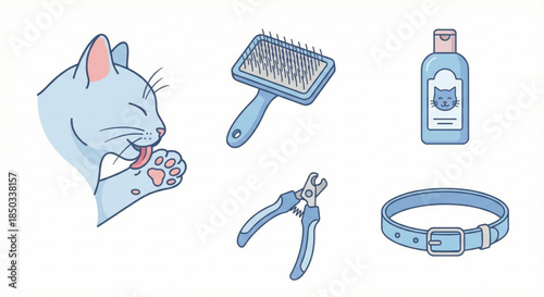 Cute illustrations of cat grooming tools and accessories, including a brush, nail clippers, and a shampoo bottle