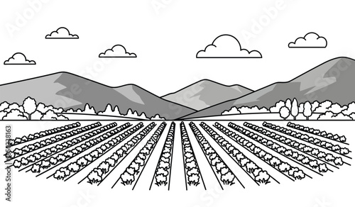 a detailed black and white illustration depicts a rural landscape with mountains fields and clouds above showcasing a serene and peaceful scene