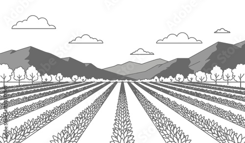 a simple black and white illustration features a rural landscape with rows of crops in the foreground mountains and clouds high quality professional