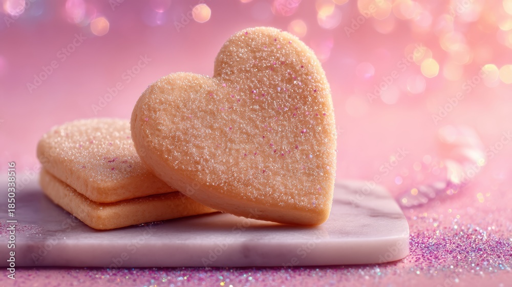 Obraz premium Heart-shaped cookie with sugar sparkle on marble coaster surface