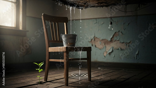 Interior in disrepair: A scene depicting an interior with water damage, highlighting the effects of neglect and decay. A lone chair, holding a bucket to catch drips from a ceiling.
