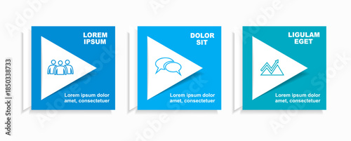 Three square infographic blocks with icons, headings, ideal for business, teamwork, and visual communication. Vector illustration.