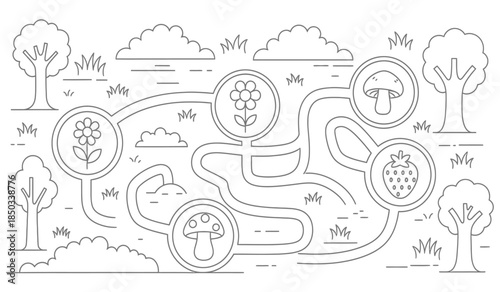 a whimsical line drawing depicts a playful forest path featuring trees mushrooms flowers and berries in a maze like arrangement high quality professional