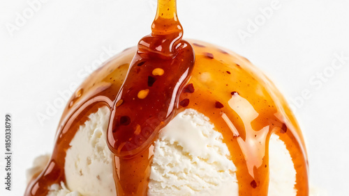 Sweet Indulgence: A creamy scoop of ice cream is drizzled with glistening sauce, creating a visual symphony of textures and flavors. 