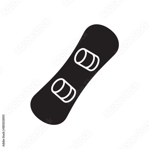 Black Snowboard with White Bindings in Simple Flat Design on White Background for Winter Sports