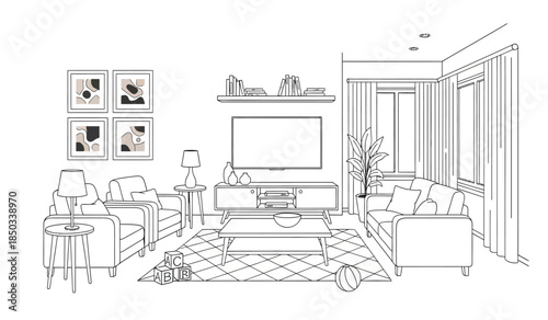 a minimalist living room illustration showcases a comfortable sofa armchairs a mounted television and decorative shelving creating a cozy atmosphere high quality professional