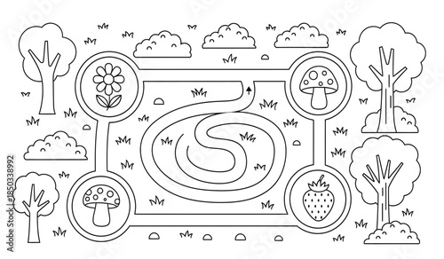 a whimsical black and white illustration depicts a winding path through a fanciful garden filled with trees flowers and mushrooms high quality professional