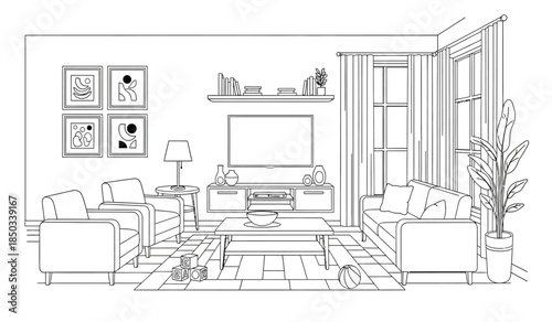 A minimalist living room interior design showcases a television sofa armchairs and decorative elements creating a cozy and inviting atmosphere high quality professional