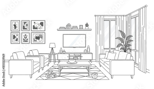 a minimalist living room design features a comfortable sofa patterned rug wall art and large windows with a potted plant high quality professional