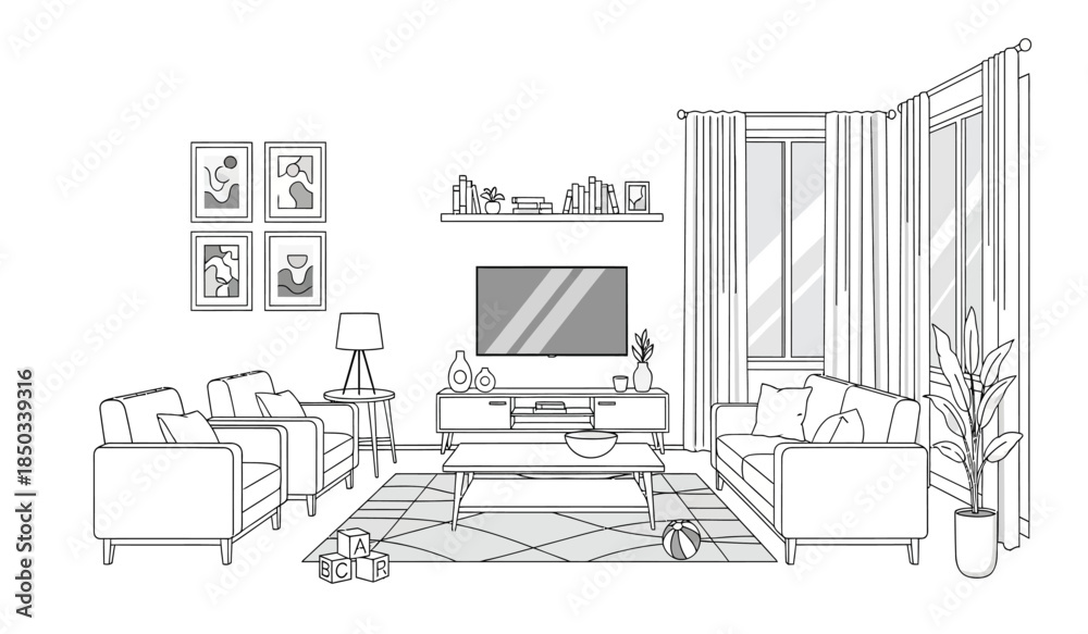 Fototapeta premium A minimalist living room scene showcasing a modern sofa framed artwork a television and indoor plants creating a cozy atmosphere high quality professional