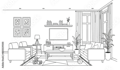 a minimalist living room interior design featuring a large television comfortable seating and decorative plants presented in a detailed line drawing style