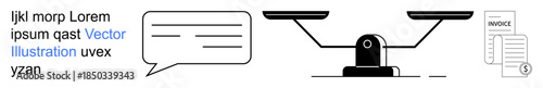 Communication, business contracts, legal systems, financial management, invoice processing, decision-making. Speech bubble, balance scale and invoice document. Communication and business contracts