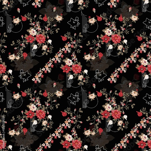 Elegant Red and White Floral Pattern on Black with Abstract Line Art