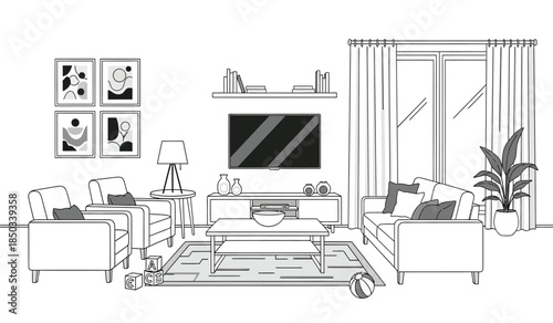 A minimalist living room design features a television sofas artwork a coffee table and a potted plant providing a comfortable space high quality