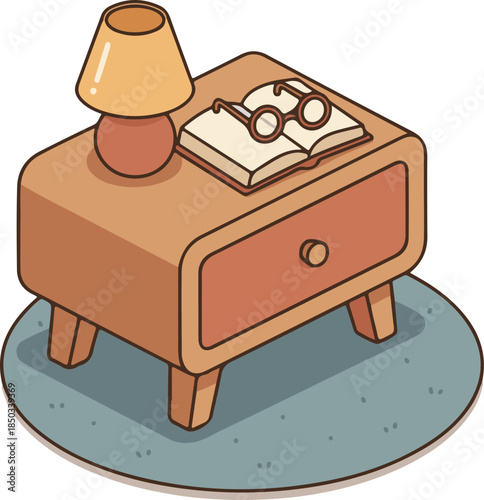 Flat vector of bedside table with book and glasses, evening reading illustration