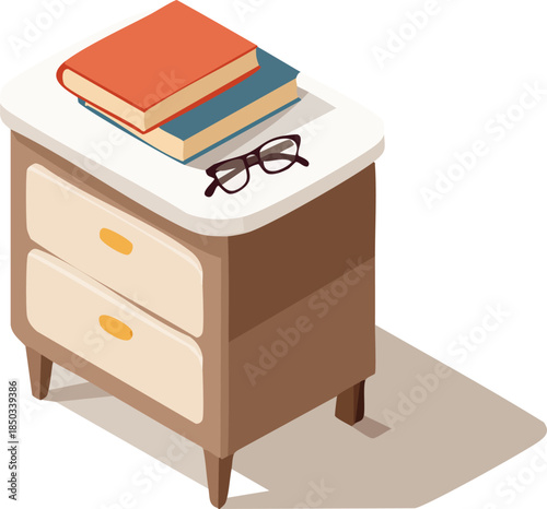 Flat vector of nightstand with book and glasses, cozy home illustration