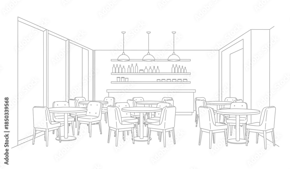 Obraz premium a minimalist line drawing depicts a cozy cafe interior featuring tables and chairs shelves and pendant lighting creating a calm atmosphere high quality