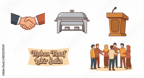 Illustrations of business meeting, catering service, and Eid al-Fitr greetings