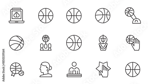 Collection of line icons featuring sports themes including basketballs, people, and a cloud on a laptop screen