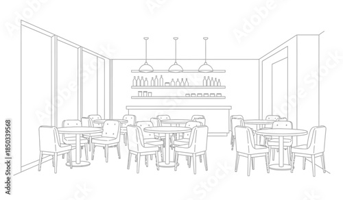 a minimalist line drawing depicts a cozy cafe interior featuring tables and chairs shelves and pendant lighting creating a calm atmosphere high quality
