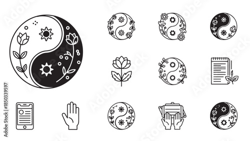 Collection of line icons, including Yin-Yang symbols with floral designs, a lotus, a phone, and hands