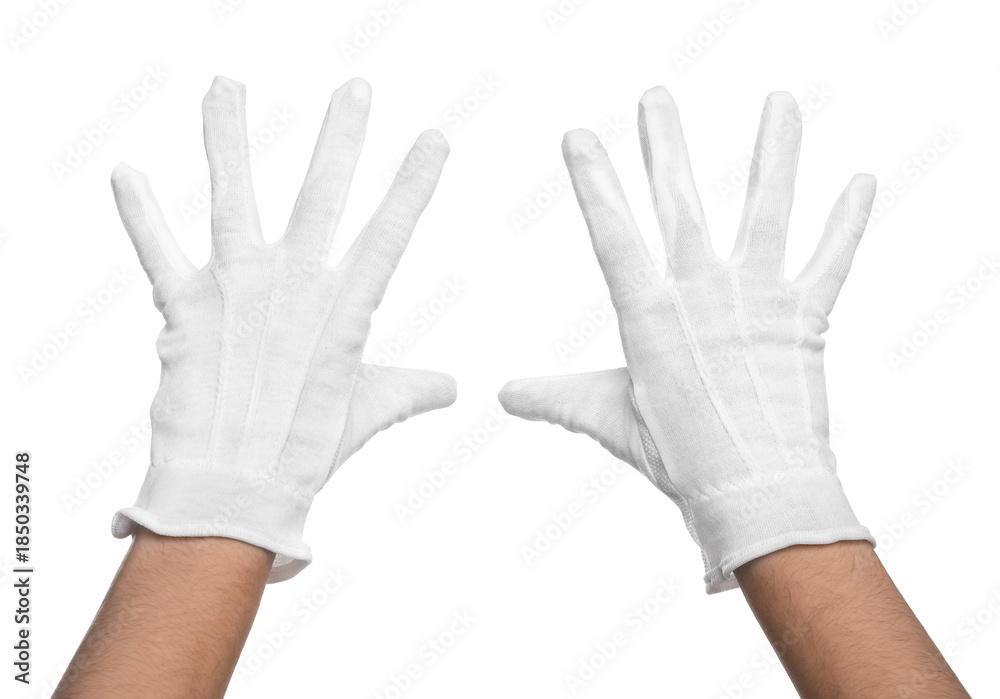 Obraz premium Woman in cloth gloves on white background, closeup