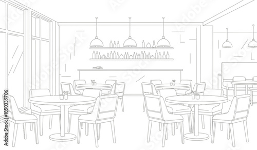 a detailed line drawing showcases a bright and airy cafe interior featuring tables chairs a bar and shelving with decorative items high quality
