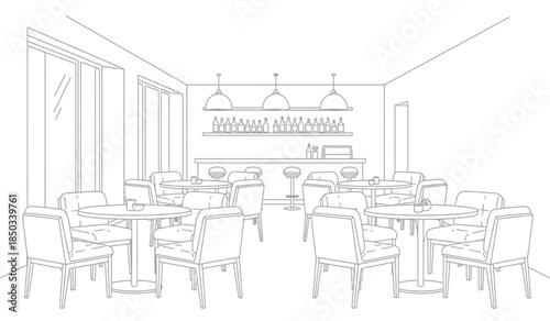 a detailed line drawing depicts an elegantly designed sparsely populated restaurant interior with tables chairs and a bar area featuring pendant lighting
