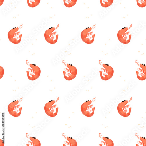 Shrimp seamless pattern. Prawn on a white background. Ocean and sea delicacy vector illustration.  Seafood cute print.