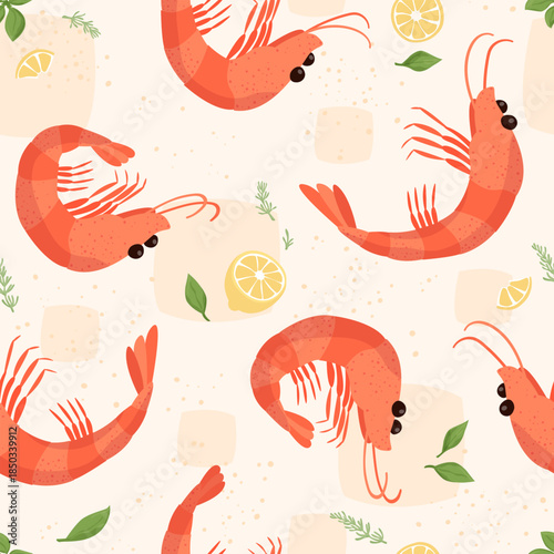 Shrimp seamless pattern. Prawn with lemon and herbs vector illustration. Ocean and sea delicacy.  Seafood cute print.