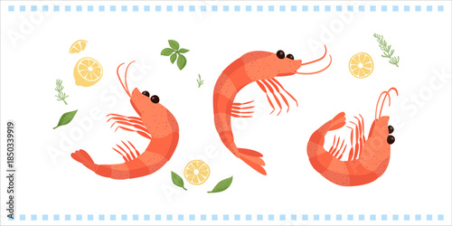 Shrimp vector illustration. Seafood simple art. Shrimp with lemon and herbs. Ocean and sea delicacy.
